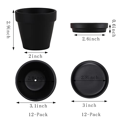 Fcacti 3 Inches Small Black Terracotta Pots with Saucer, 12 Pack 3" Terra Cotta Planter with Drainage Holes, Small Clay Flower Pots for Plants, Succulents, Crafts, Wedding Favor by Fcacti - Used condition - Image 2