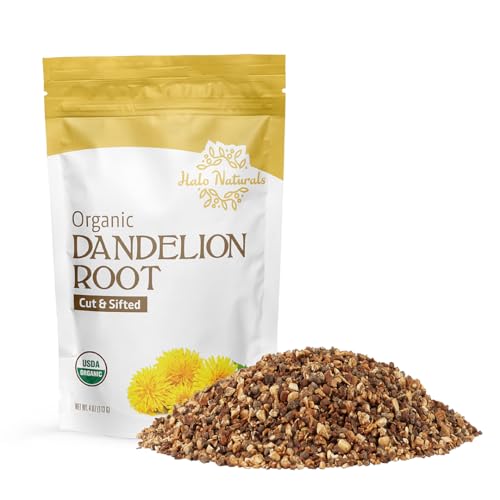 Halo Naturals Organic Dandelion Root Cut & Sifted 4 Ounces (Taraxacum officinale) USDA Certified | Resealable Pouch| Packaged in The USA