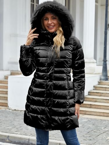 Women's Long Winter Coat Puffer Warm Down Jacket with Detachable Hood Removable Faux Fur Trim Thickened Jacket3
