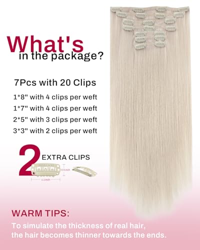 Image of Moresoo Clip in Hair Extensions Platinum Blonde Added Thickness 16 inch | Clip ins human hair, soft pearl blonde finish, 135g 7pcs, seamless design, heat-stylable straight hair for fuller styling