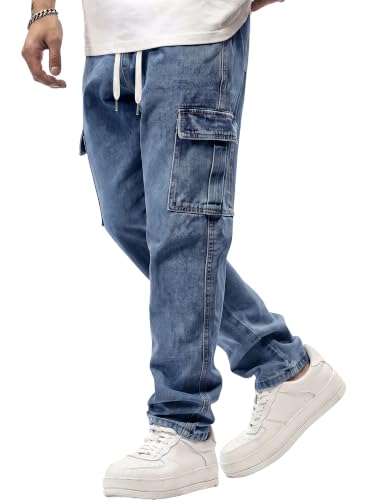 Image of JMIERR Men's Elastic Waist Cargo Jeans Stretch Denim Pants with Drawstring Straight Leg for Casual Daily Wear