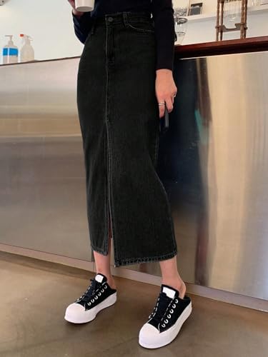 Image of KOTTY Women's High Waist Denim Maxi Skirt with Front Slit | Stylish Long Jean Skirt for Women | Trendy Straight Fit Casual Wear