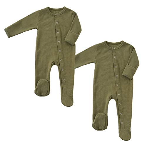 Baby Footed Pajamas with Mitten Cuffs Unisex Cotton Snap-up Romper Jumpsuit Sleep and Play 0-12 Months Footies 2-Pack Green
