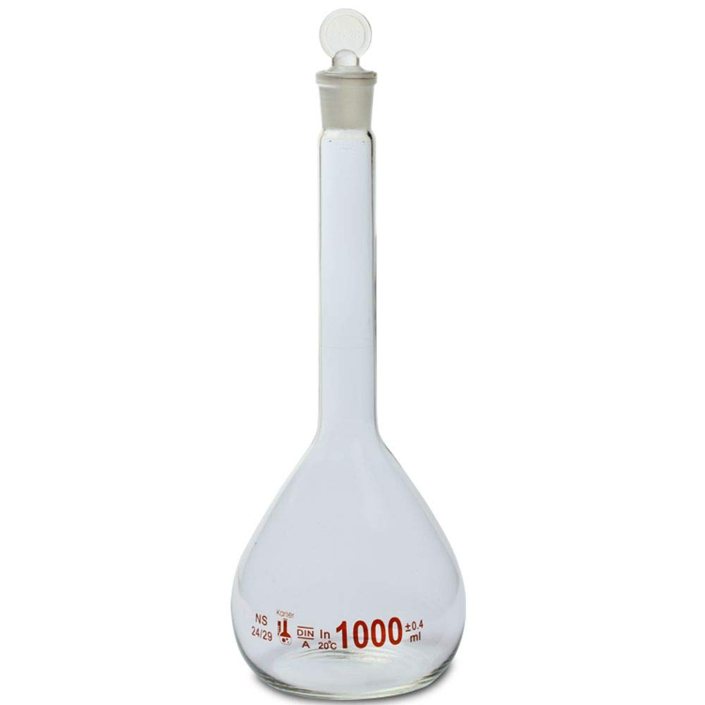 1000ml Volumetric Flask, 3.3 Boro Glass, Class A, Ground Stopper, Karter Scientific 213W8 (Pack of 2)