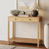 Nathan James Evelyn Modern Farmhouse Wood Console Table, Entryway Table with Storage, Open Lower Shelf with Woven Leather Straps, Natural Brown