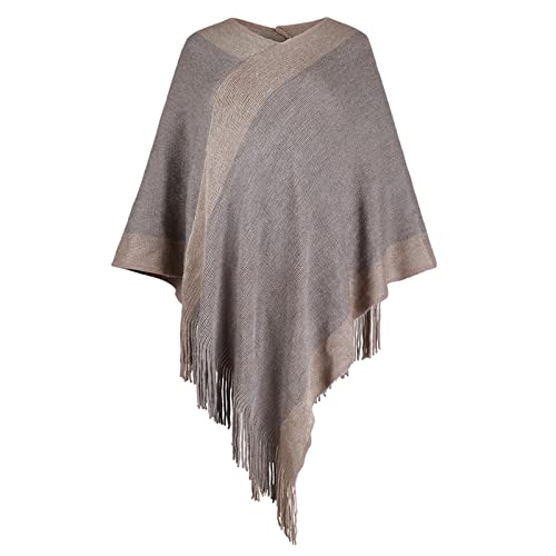 Image of Women's Elegant Knitted Shawl Poncho with Fringed V-Neck Striped Sweater Pullover Cape Gifts for Women Mom