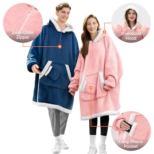Image of Giggling Getup Wearable Blanket Hoodie for Women and Men Gifts for Women Mom Wife Sherpa Fleece Hooded Blanket Sweatshirt Warm Cozy Sherpa Wearable Throw with Pocket & Sleeves for Adult Standard Pink