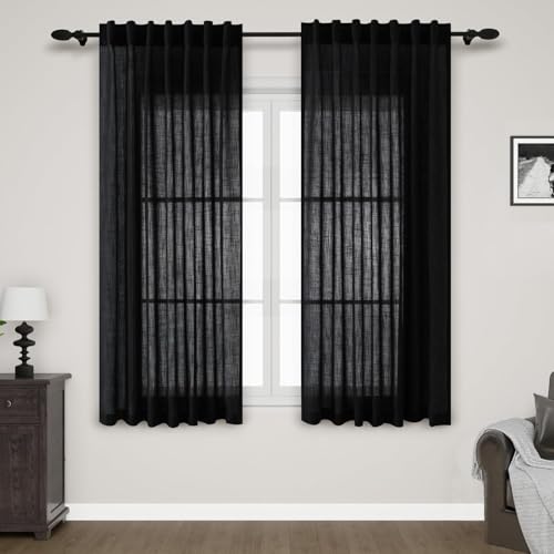 Image of Nanspring Black Sheer Linen Curtains for Bedroom 64 Inches Long 2 Panel Sets See Through Light Filtering Back Tab Rod Pocket Short Linen Drapes for Living Room Kitchen Simple Modern Decor W52xL64