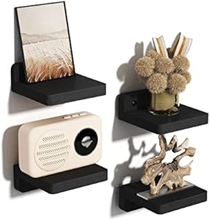 SRIWATANA Small Floating Shelves for Wall Set of 4, Decorative Wooden Shelves Wall Mounted for Bedroom, Living Room, Bathroom, Kitchen (10.2 x 10.2 x 4 cm, Black)