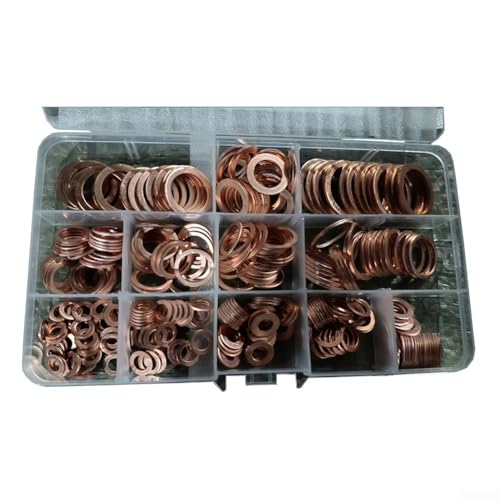Copper Flat Washer Gasket Assortment Set Ring Seal Kit Purple Copper Flat Washer Collection Ring Seal Set Multi-Size Hardware Kit With Storage Case For Mechanical Equipment(200pcs)