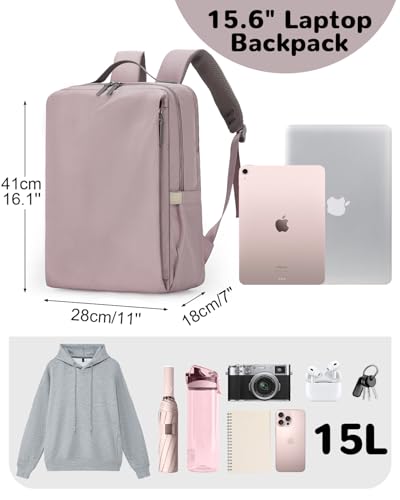 15.6" Simple Laptop Backpack for Women, Pink Travel Backpack with Luggage Strap for Airplane2
