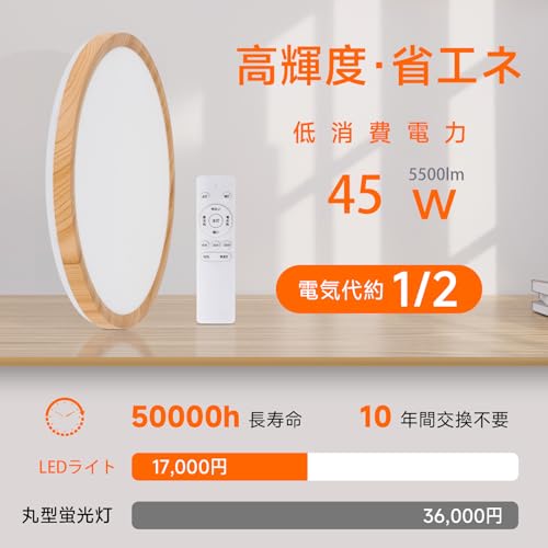 ManewwenLEDシーリングライト 10畳 45W 和室天井照明電灯蛍光灯5500lm 木木調導光板+間接光常夜灯 和風 調光調色 間接照明 常夜灯 5500LM 省エネ 目に優しい 雰囲気ナイトライト リモコン付き スマホAPP操作 和室/寝室/書斎/リビング/玄関/台所/廊下適用 [2]