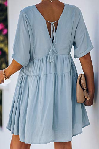 Tiksawon Womens Babydoll Dress For Women Summer V Neck Short Sleeve Loose Flowy Swing Ruffle Shift Dress Blue M #TOP4