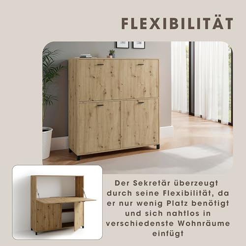 byLIVING Sekretär Montana/Sekretär Artisan Eiche/Office-Schrank mit 1 Klappe und 2 Türen/Schwarze Griffe/B 120, H 127, T 40 cm