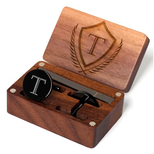 Image of Mens Initial Cufflinks and Tie Clip A-Z Alphabet Letter Black Stainless Cuff Links Tie Bar with Engraved Walnut Wood Box Groom Groomsman Wedding Set