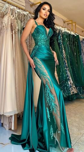 V Neck Spaghetti Straps Prom Dress Sequin Laces Appliques Mermaid Split Side Evening Gown with Train for Women2
