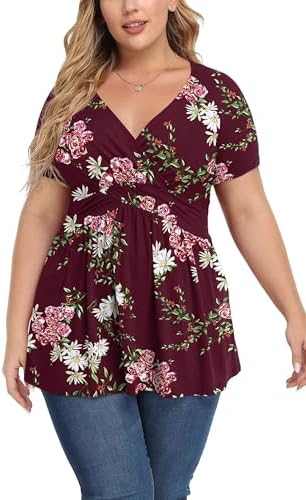 YGJIEGENG Womens Plus Size Tops Summer Short Sleeve Tunic V Neck Casual Loose Shirts Clothes L-4XL