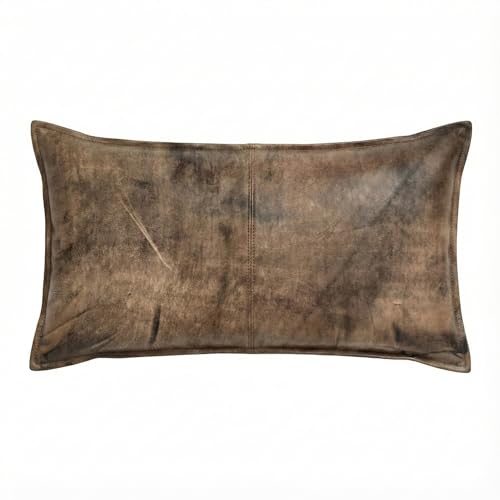 Genuine Leather Pillow Cover Case for Lumbar Throw Couch Pillows - Modern Farmhouse Decorative Sofa Thick & Soft Cushion Covers (Jungle Distressed, 12" x 20")