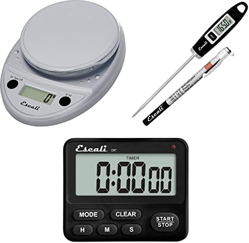 Escali Primo Bakers Bundle - P115C Digital Kitchen Scale, Chrome, 11 Pound Capacity, DH1 Digital Thermometer, Black, and DR7 Digital Timer for Cooking and Baking