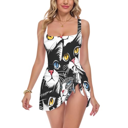 Bañador Comic Cats para mujer en blanco y negro de corte clásico ajustable