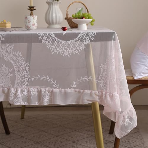 Nappe de Table Rustique en Dentelle Rose à Fleurs 140 x 100 cm - 3