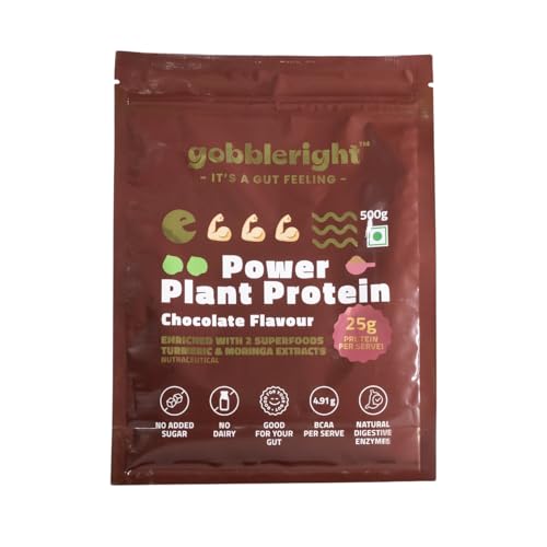 Image of GOBBLERIGHT Power Plant Based Protein Powder Chocolate 500g | 25g Protein Per Serve | No Added Sugar | Isolate & Concentrate Pea Rice | 4.91g BCAA | No Bloat & Gut Friendly | Gluten Free & Vegan