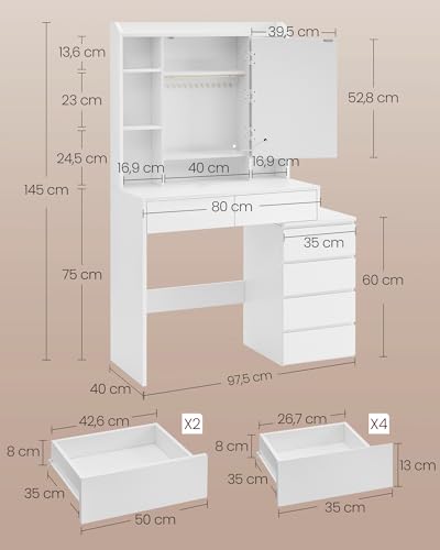 VASAGLE Dressing Table, Large Adjustable Brightness LED Mirror, Makeup Table with Mirror, Open Compartments, Adjustable Shelves, Modern, Cloud White RDT624W01