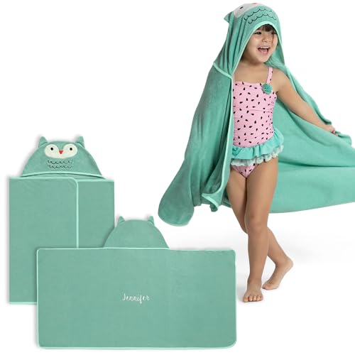 Image of Delta Children Personalized Kids Hooded Bath Towel with Pockets - Super Soft and Absorbent- Great Gift for Boys and Girls, Light Teal Owl