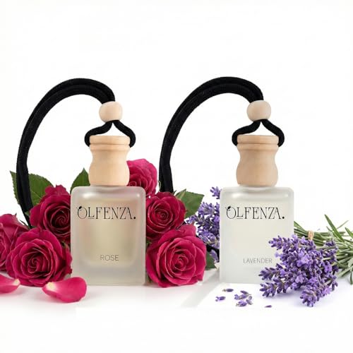 OLFENZA Rose Lavender Car Perfume Hanging Air Freshener Wooden Diffuser Bottles Auto Fragrance for Car Interior Wardrobe Closet Office Room Home Aroma Freshener Hanging Scent Bottles 10 ml Pack of 2