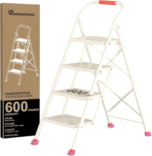 Foldable Folding Step Ladder Stool - 4 Stepping Tall Extension Heavy Duty with Handrails for Home Adults Kitchen - Extendable Stepladder Closet Stepstool Stair Ladders for Indoor House 600Lbs