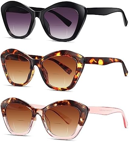 LADEESSE 3 Pack Bifocal Reading Sunglasses for Women Fashion Cateye Sun Readers Outdoor Reading Glasses UV400 +2.0 Protection