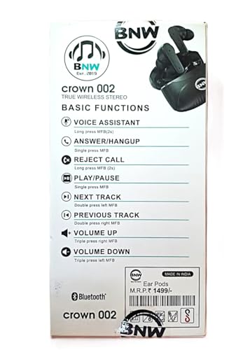 Image of BNW Wireless Sports Earbuds, Black Silicone in-Ear Design with Touch Controls, Water Resistant, Voice Control, Bluetooth 5.0, for Workout and Jogging, 4.2x2.5x2.5 cm