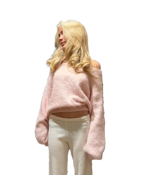 Womens Fluffy Mohair Off Shoulder Sweater Oversize Slouchy Long Sleeve Autumn Knit Top Sweet Sweaters