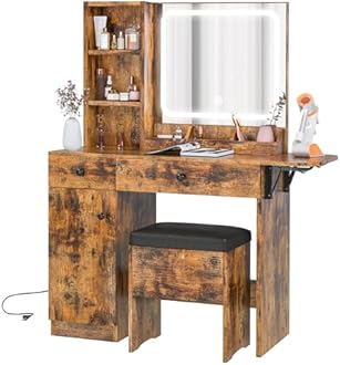 IRONCK Vanity Desk with LED Lighted Mirror & Power Outlet, Makeup Table with Drawers & Cabinet,Storage Stool,for Bedroom, Vintage Brown