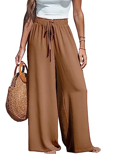 CUPSHE Women Wide Leg Pants High Waisted Trousers Linen Palazzo Lounge Beach Cover Ups Flowy Pants,L Brown