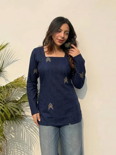 Image of ANNI Designer Women's Viscose Printed Short Kurti | Straight Fit Ethnic Top with Square Neck | Bell Sleeve Casual Indian Kurta for Office College, Party