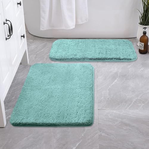 Image of LUXE HOME INTERNATIONAL Microfiber Rectangular Home Bath Mat Super Soft Non Slip Vegas Mats for Bathroom, Kitchen, Bedroom, and Door (40X60 Cm, Aqua) Pack of 2