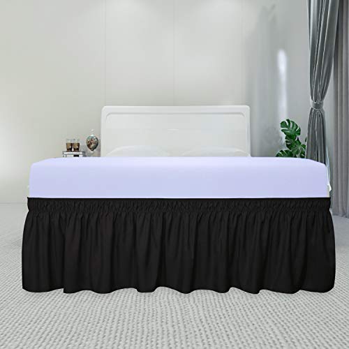 PureFit Wrap Around Ruffled Bed Skirt with Adjustable Elastic Belt - 14 Inch Drop Easy to Put On, Wrinkle Free Bedskirt Dust Ruffles, Bed Frame Cover for Queen, King and C-King Size Beds, Black