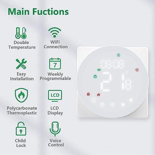 Wengart Floor Heating Thermostat,Feather Touch Control Panel,Round Colorful LED Display,5A Water Floor Heating (WIFI Water Floor Heating) - Image 2