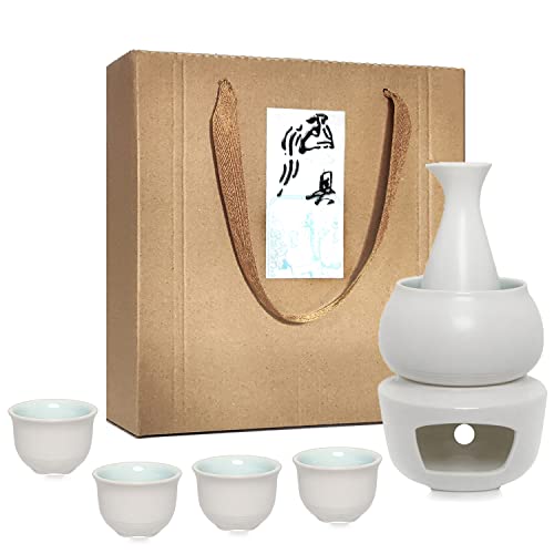 Japanese Sake Sets With Warmer, 7-Piece Saki Set Include 1 Sake Pot, 4 Sake Cups, 1 Candle Stove And 1 Warming Mug Traditional Hand-Made Depict Ceramic Carafe Decanter Set #TOP4