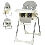 HOMCOM Trona para Bebé Evolutiva Ajustable y Plegable con Doble Bandeja Trona Portátil de +6 Meses Reclinable con 2 Ruedas y Frenos 55x80x104 cm Gris