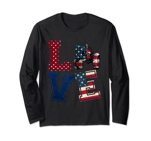 Love Traktor mit amerikanischer Flagge Farmer 4. Juli T-Shirt Langarmshirt
