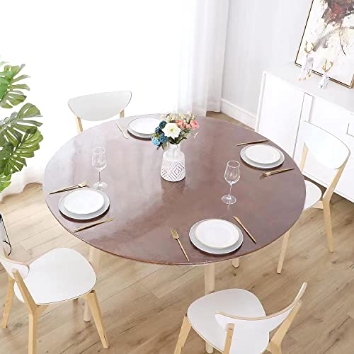 Clear Fitted Vinyl Tablecloth Round Waterproof Oilcloth Pvc Table Cover Elastic Edge Design Wipeable Plastic Table Cloth Protector For Dining Tabletop (Round Fits Table Up 45"-56" Diameter) #TOP1