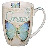 Amazing Grace Butterfly Mug – Botanic Teal and Blue Butterfly Coffee Mug w/ Ephesians 2:8, Bible Verse Mug for Women and Men – Inspirational Coffee Cup and Christian Gifts (12-ounce Ceramic Cup)