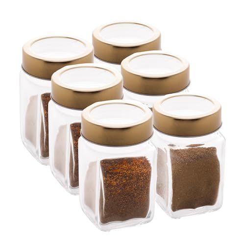LYOR - Conjunto 6 Potes de Vidro com Tampa em Metal e Acrílico Gastro Dourado 300ml - Temperos - Condimentos - Grãos - Sementes - Petiscos - Doces