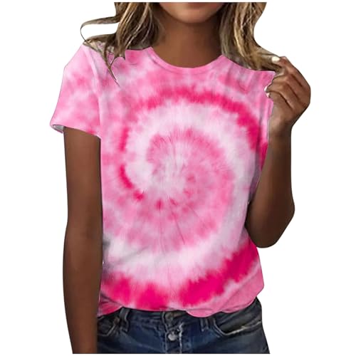 Ybing Angebote des Tages Heute Tshirt Damen Bunt Batik T-Shirt Lässig O-Ausschnitt Bluse Schlank T Shirt Leichte Kurzarm Oberteile Sommer Dünne Sportshirt Baumwolle Top Basic Tee Shirts