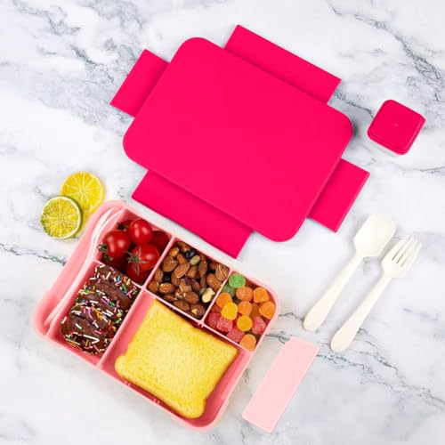 Wybtbm Brotdose Kinder mit Fächern, 1330ml Lunchbox Kinder, Auslaufsicher Bento Box Kinder für Kindergarten, Picknick, Schule, Ausflug (Rosa)