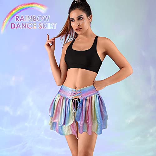 Reetan Fashion Rainbow Belly Dance Skirt Layered Sparkly Novelty Skirt Rave Festival Adjustable Skirt Outfit Costume For Women And Girls #TOP2