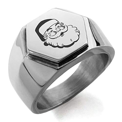 Stainless Steel Classic Hearty Santa Claus Hexagon Crest Flat Top Biker Style Polished Ring, Size 13.5