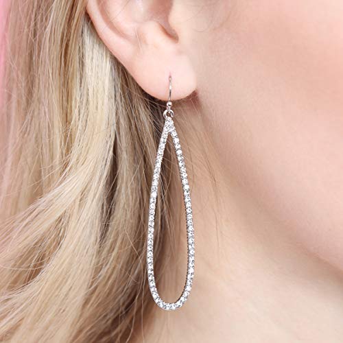 Riah Fashion Sparkly Rhinestone Lightweight Geometric Hoop Drop Earrings - Teardrop, Pear, Oval, Marquise, Circle, Multi Cubic Crystal, Acrylic Pearl Dangles (Long Teardrop - Silver) #TOP1